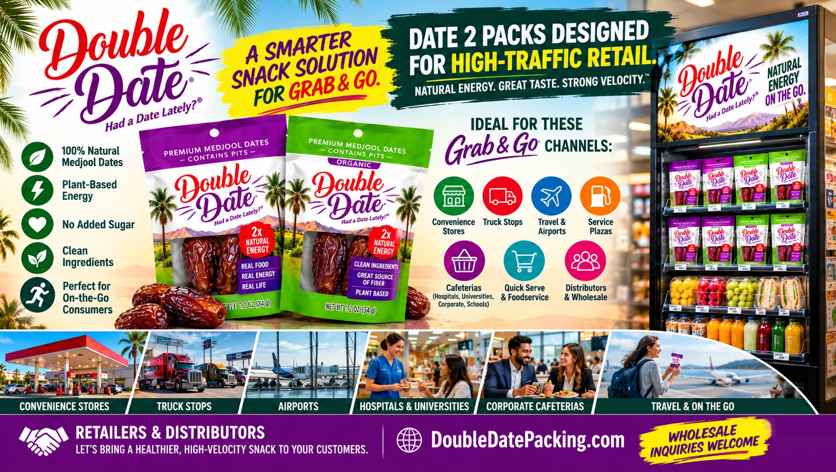 Double Date sell sheet: a smarter snack solution for grab and go. Date 2-packs designed for high-traffic retail, ideal for convenience stores, truck stops, travel and airports, service plazas, cafeterias, quick serve and foodservice, and distributors and wholesale.