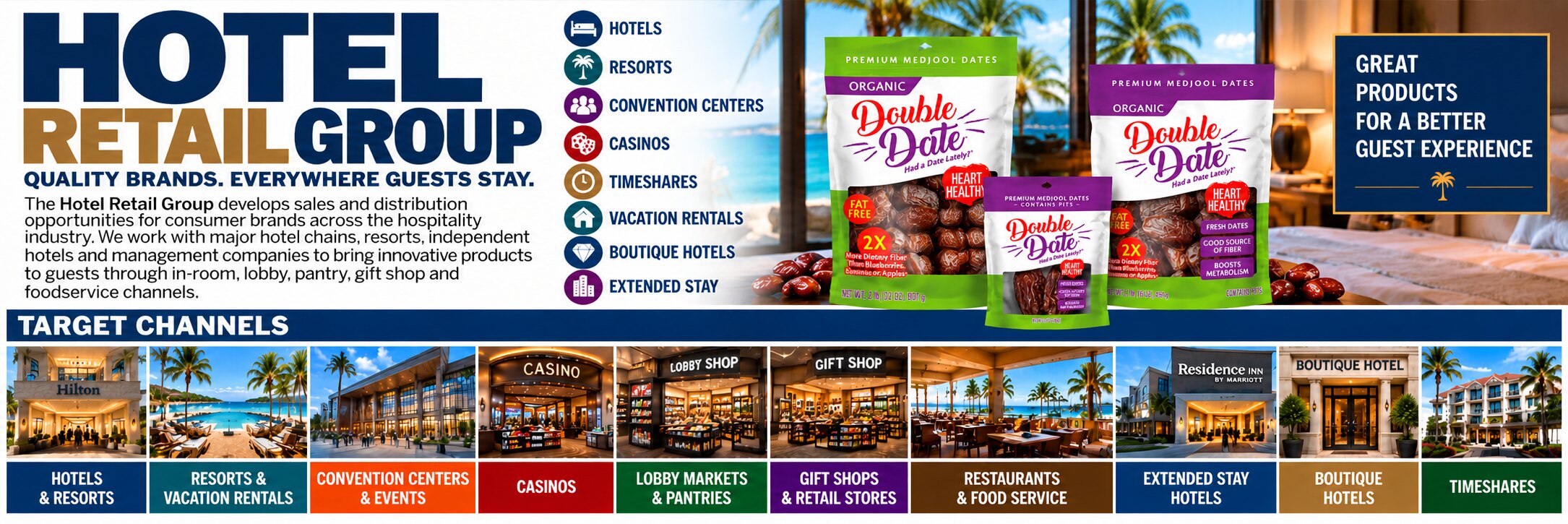 Hotel Retail Group banner: quality brands everywhere guests stay. Double Date bags in a resort room, with target channels including hotels and resorts, vacation rentals, convention centers, casinos, lobby markets, gift shops, restaurants, extended stay, boutique hotels and timeshares.